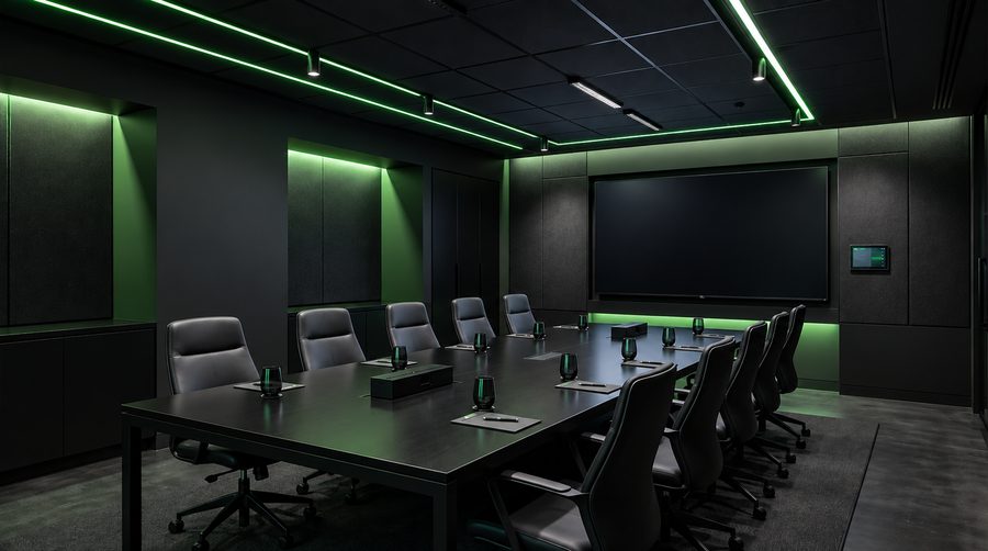 A boardroom with a large display and wall touch panel