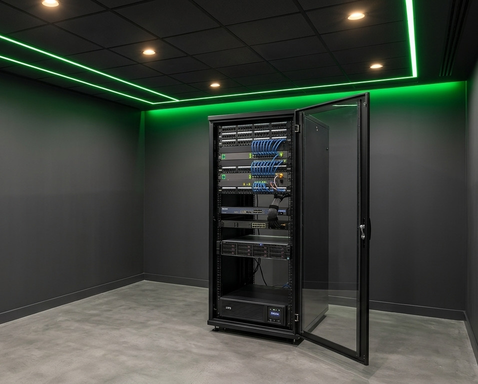 A tidy network rack in a server room