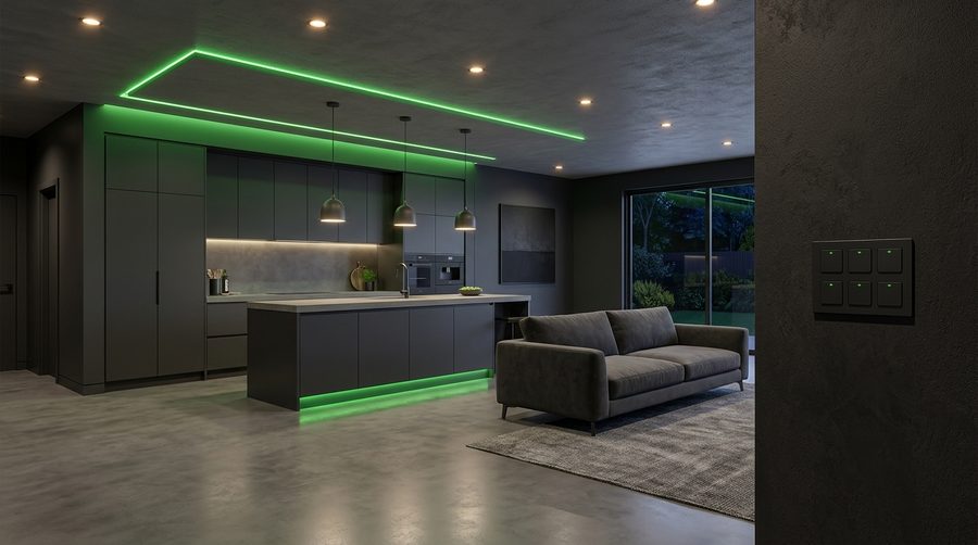 A kitchen and lounge with layered lighting and a wall keypad