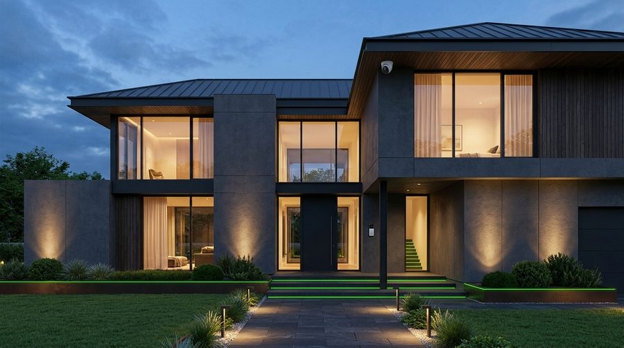 A modern home at dusk with a security camera and video doorbell